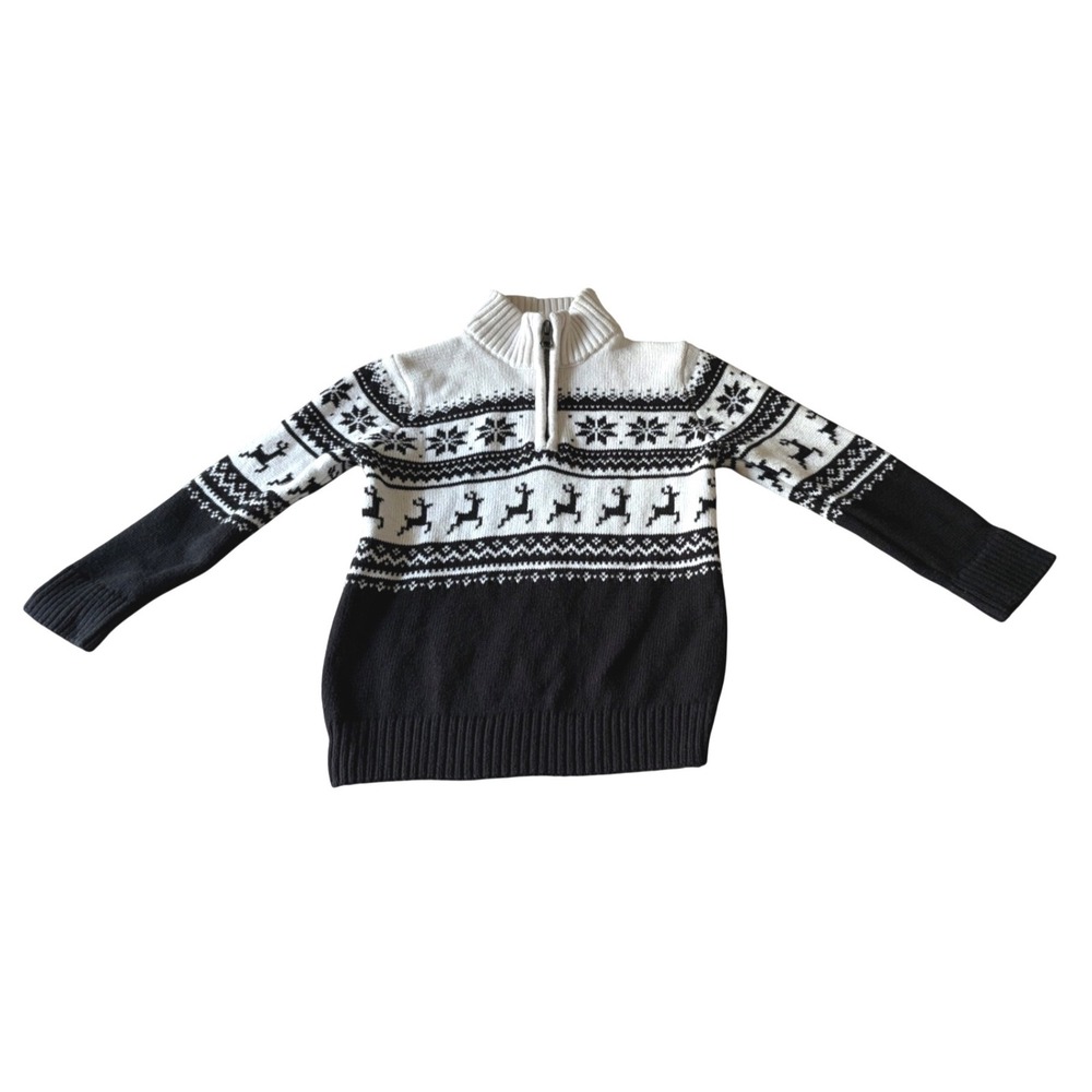 The Childrens Place Boys 3T Black White Fair Isle Reindeer Quarter Zip Sweater